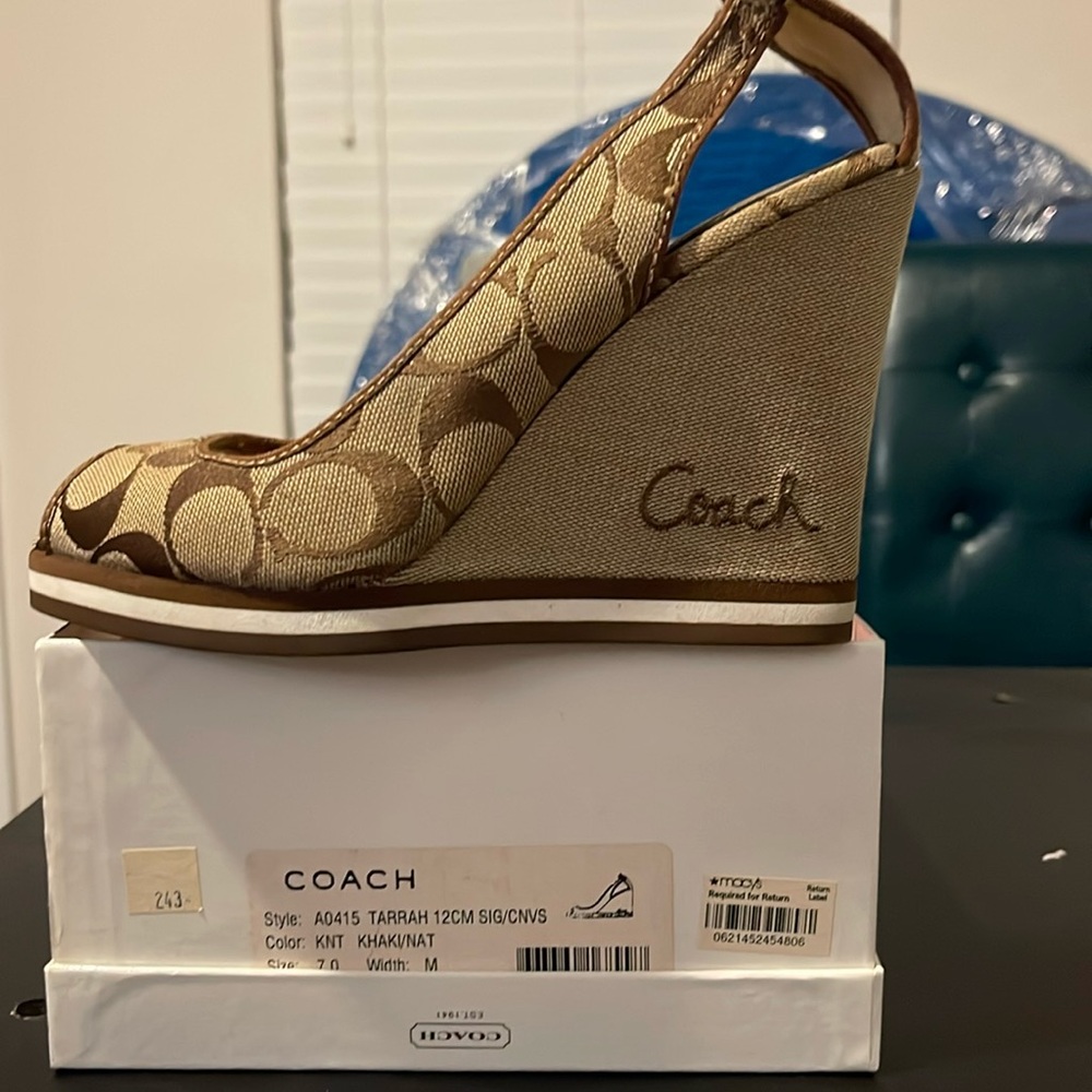Coach Signature Khaki Wedges Size 7.